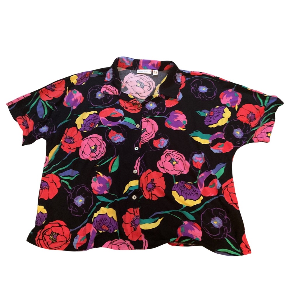 Susan Graver Womens Large Floral Button Down Short Sleeve Shirt Black Multi L